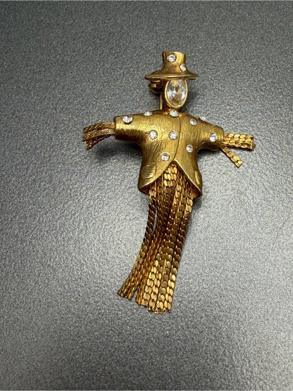 Vintage Scarecrow Tassel Brooch with Clear Rhinestones